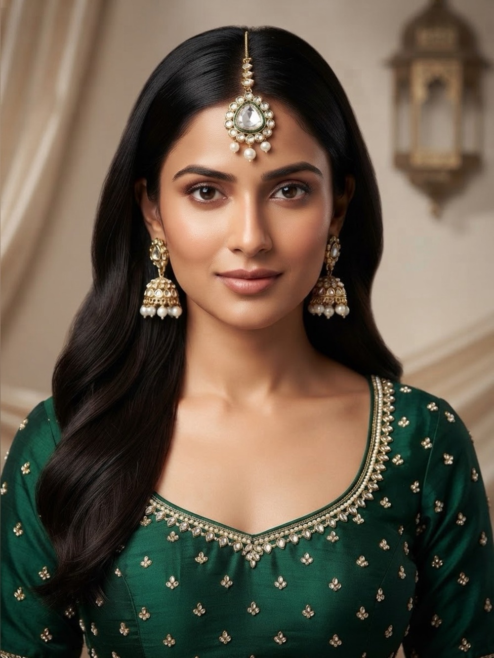 Kundan Polki Jhumka Earrings & Maang Tikka Set
